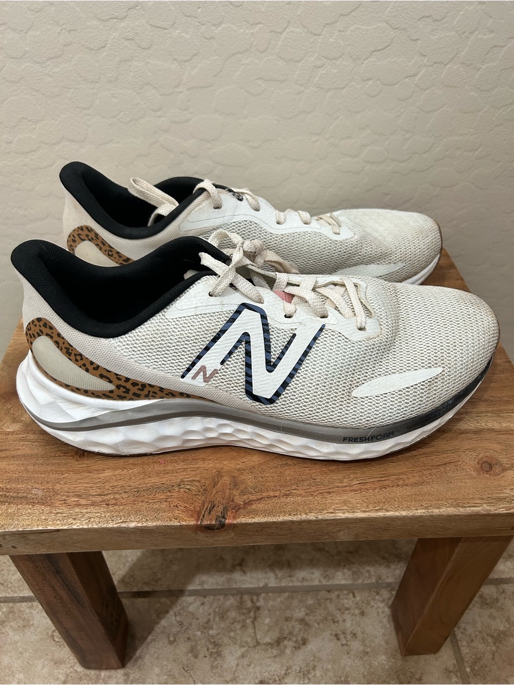 New Balance Women's Cream/Black Running Shoes with Leopard Detail